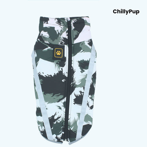 Camouflage Performance Dog Coat with Reflective Trim with ChillyPup branding