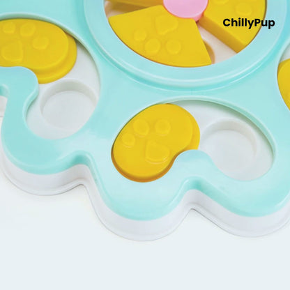 Blue and yellow pet toy with 'ChillyPup' branding on a white background