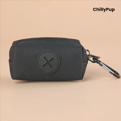 Black Poo Bag Holder with black zipper and carabiner on a beige background, featuring the brand 'ChillyPup'.
