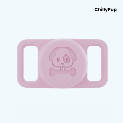 Pink airtag holder for collar with 'ChillyPup' branding on a light purple background
