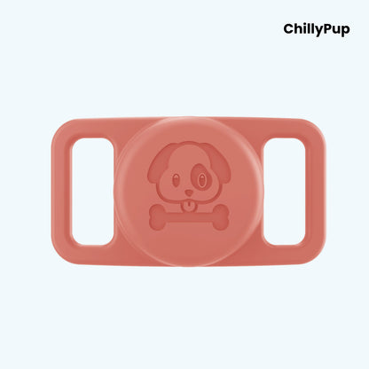 red airtag holder for collar with 'ChillyPup' branding on a light purple background