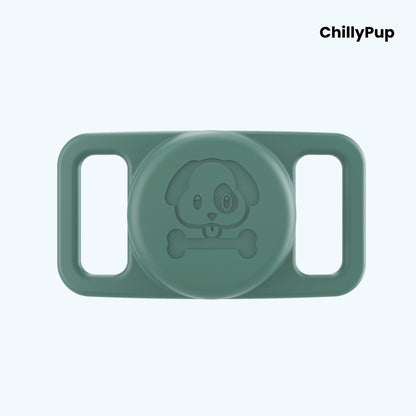 Green airtag holder for collar with 'ChillyPup' branding on a light purple background