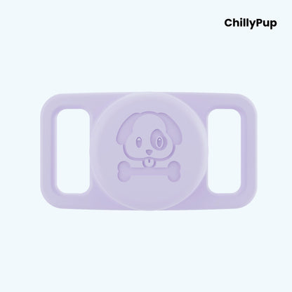 Purple airtag holder for collar with 'ChillyPup' branding on a light purple background