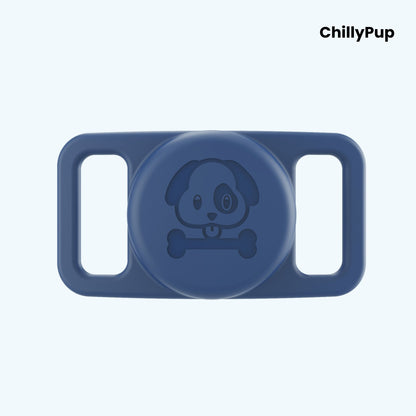 Blue airtag holder for collar with 'ChillyPup' branding on a light purple background