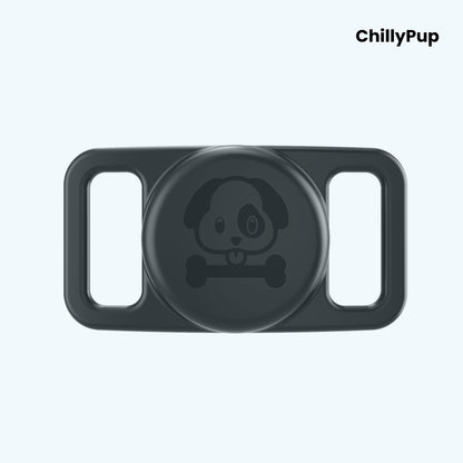 Black airtag holder for collar with 'ChillyPup' branding on a light purple background