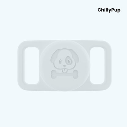White airtag holder for collar with 'ChillyPup' branding on a light purple background