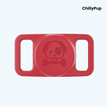 Red airtag holder for collar with 'ChillyPup' branding on a light purple background