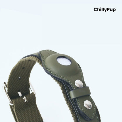 Green AirTag dog collar with a metallic clasp on a white background, branded 'ChillyPup'.