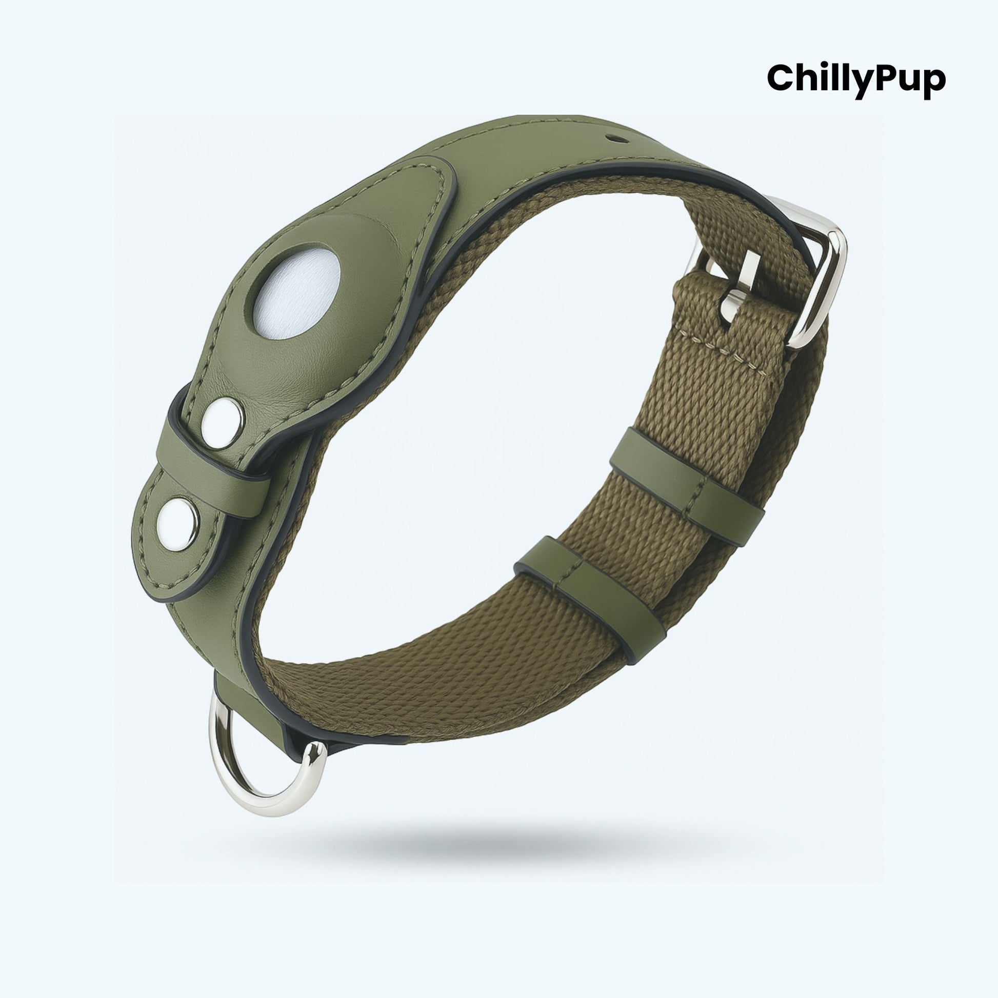 Green AirTag dog collar with a metallic clasp on a white background, branded 'ChillyPup'.