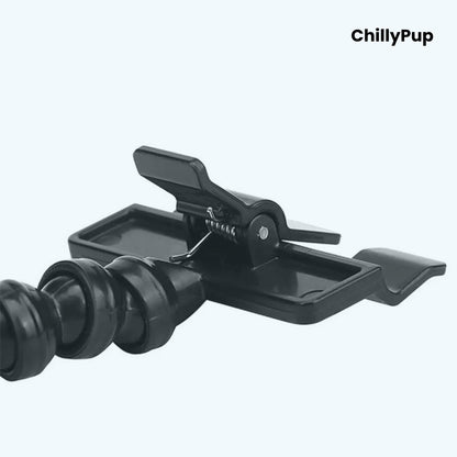 Black pet water bottle holder with 'ChillyPup' branding on a white background
