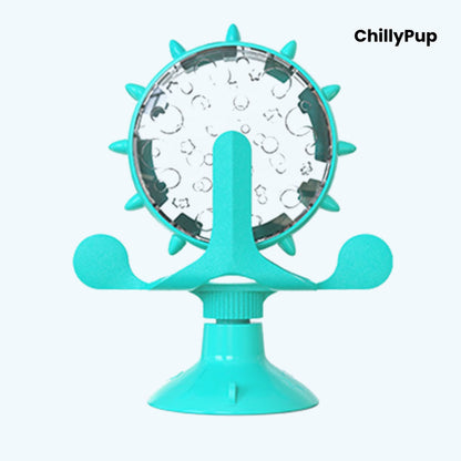 Turquoise pet toy with suction cup and circular textured surface on a white background, branded 'ChillyPup'.