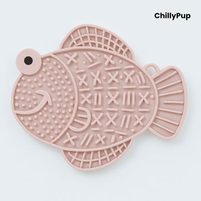 Pink fish-shaped dog lick pad on a white background, branded 'ChillyPup'.