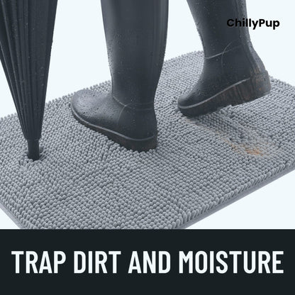 Grey doormat with text 'Trap Dirt and Moisture' and 'ChillyPup' branding.