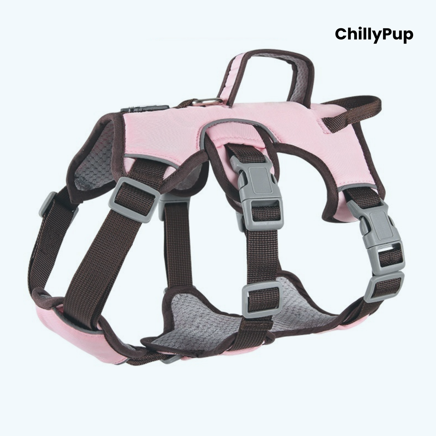 A pink and brown dog harness with grey plastic buckles, shown on a light blue background with the brand name 'ChillyPup' in the top right corner.