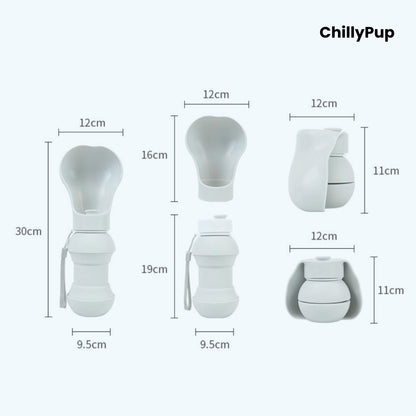 Measurement chart of a ChillyPup foldable silicone water bowl showing various dimensions on a white background.