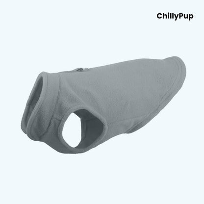 Gray dog coat with 'ChillyPup' branding on a white background