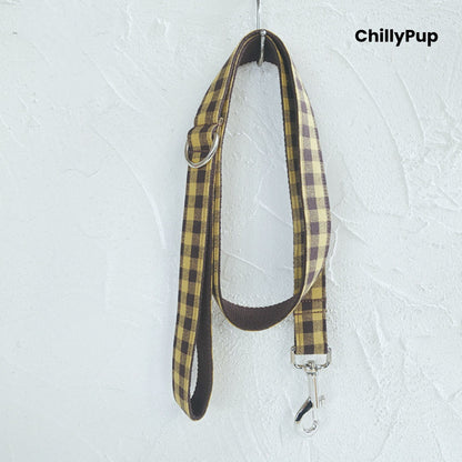 Yellow Check Collar, Lead & Bow Set with metal clip on a textured white background, branded 'ChillyPup'.