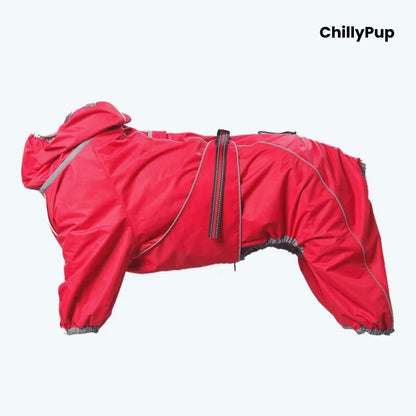 Cloudburst Belly-Zip Dog Suit in Red, a full-body waterproof softshell with reflective trim