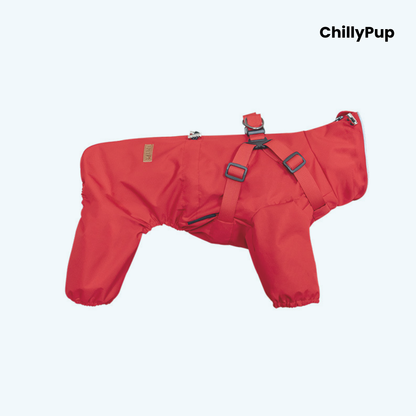 Drizzle Harness Dog Raincoat in Red, full-body waterproof suit with adjustable harness straps