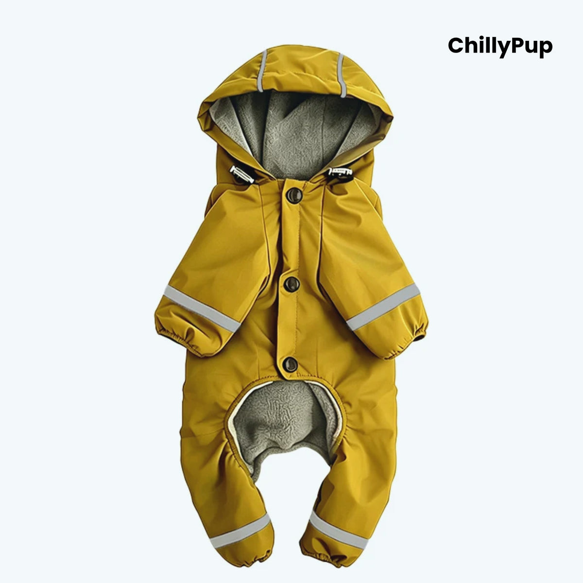Puddle Jumper Fleece-Lined Dog Raincoat in Mustard, a fleece-lined four-leg raincoat with hood and reflective strips