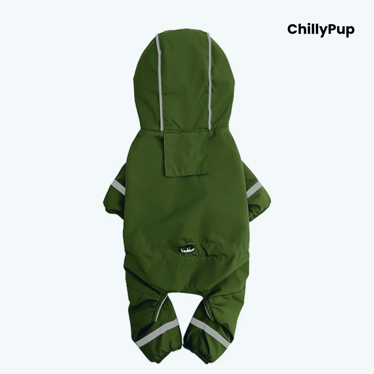 Puddle Jumper Fleece-Lined Dog Raincoat in Olive, back view showing the hood and lead opening